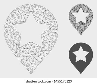 Mesh star map marker model with triangle mosaic icon. Wire frame triangular mesh of star map marker. Vector mosaic of triangle parts in variable sizes, and color shades.