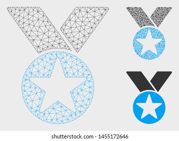 Mesh star medal model with triangle mosaic icon. Wire frame polygonal mesh of star medal. Vector composition of triangle elements in various sizes, and color tints. Abstract 2d mesh star medal,
