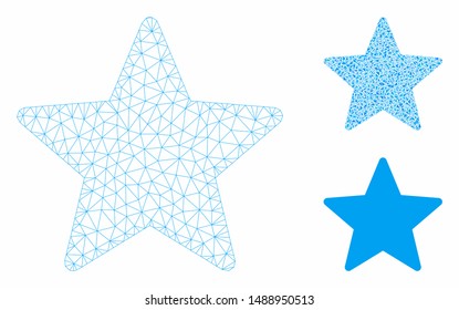 Mesh star model with triangle mosaic icon. Wire frame triangular mesh of star. Vector mosaic of triangle parts in various sizes, and color tones. Abstract 2d mesh star, designed with triangular grid.