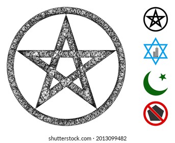 Mesh star pentacle web 2d vector illustration. Model is based on star pentacle flat icon. Mesh forms abstract star pentacle flat model. Wire frame flat line network isolated on a white background.