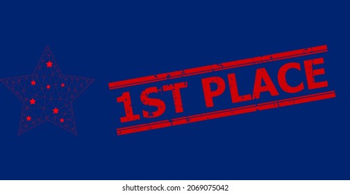 Mesh star polygonal icon vector illustration, and red 1ST PLACE textured badge. Carcass model is based on star flat icon, with stars and triangle net. 1ST PLACE message is between parallel lines.