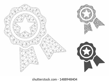 Mesh star quality seal model with triangle mosaic icon. Wire frame triangular mesh of star quality seal. Vector mosaic of triangle parts in different sizes, and color tinges.
