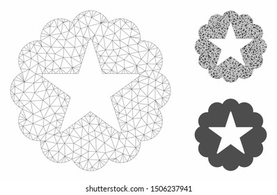 Mesh star quality sticker model with triangle mosaic icon. Wire frame polygonal mesh of star quality sticker. Vector mosaic of triangles in various sizes, and color tints.