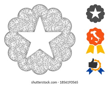Mesh star quality sticker polygonal web symbol vector illustration. Carcass model is based on star quality sticker flat icon. Triangular network forms abstract star quality sticker flat model.