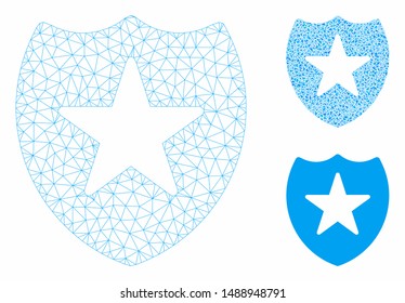 Mesh star shield model with triangle mosaic icon. Wire frame polygonal mesh of star shield. Vector mosaic of triangle elements in various sizes, and color hues. Abstract flat mesh star shield,