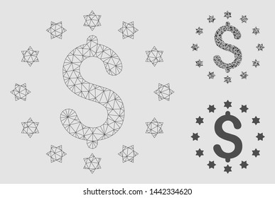 Mesh starred dollar model with triangle mosaic icon. Wire carcass polygonal mesh of starred dollar. Vector collage of triangle elements in variable sizes and color tinges.