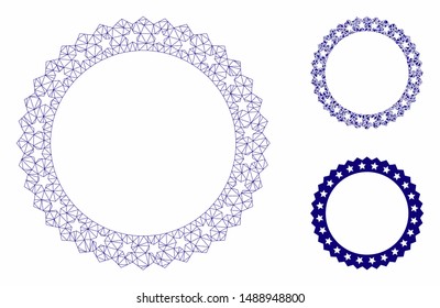 Mesh starred rosette round frame model with triangle mosaic icon. Wire carcass triangular mesh of starred rosette round frame. Vector mosaic of triangle elements in various sizes, and color tints.
