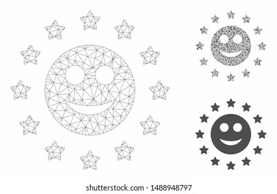 Mesh starred smile model with triangle mosaic icon. Wire frame polygonal mesh of starred smile. Vector composition of triangle parts in different sizes, and color tones.