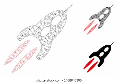 Mesh starship model with triangle mosaic icon. Wire frame triangular mesh of starship. Vector composition of triangle parts in different sizes, and color hues. Abstract 2d mesh starship,