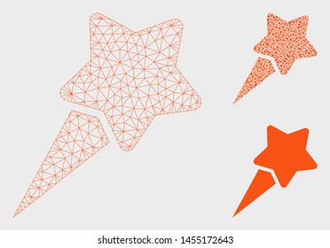 Mesh starting star model with triangle mosaic icon. Wire frame triangular mesh of starting star. Vector collage of triangle parts in various sizes, and color tones. Abstract 2d mesh starting star,