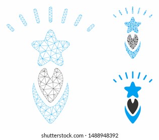 Mesh starting star model with triangle mosaic icon. Wire carcass polygonal mesh of starting star. Vector mosaic of triangle elements in different sizes, and color tinges.