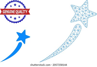 Mesh startup star frame icon, and bicolor grunge Genuine Quality seal stamp. Polygonal wireframe illustration is designed with startup star icon.