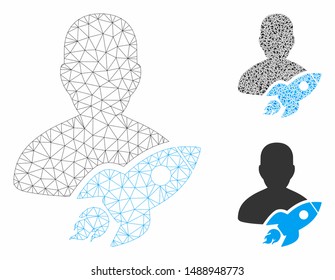 Mesh startuper model with triangle mosaic icon. Wire frame polygonal mesh of startuper. Vector mosaic of triangle elements in different sizes, and color tinges. Abstract flat mesh startuper,