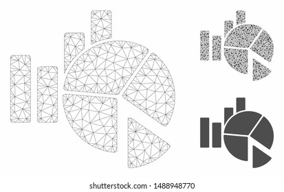 Mesh statistics model with triangle mosaic icon. Wire carcass triangular mesh of statistics. Vector collage of triangle parts in variable sizes, and color hues. Abstract 2d mesh statistics,