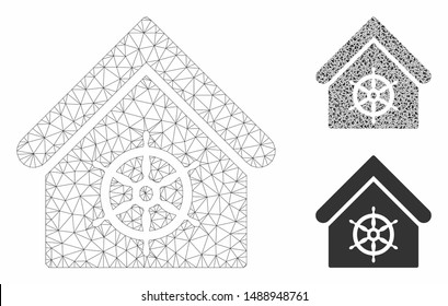 Mesh steering wheel house model with triangle mosaic icon. Wire carcass triangular network of steering wheel house. Vector mosaic of triangle parts in various sizes, and color tinges.