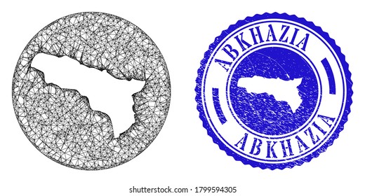 Mesh stencil round Abkhazia map and scratched seal stamp. Abkhazia map is inverted in a round stamp seal. Web network vector Abkhazia map in a circle. Blue round scratched seal.