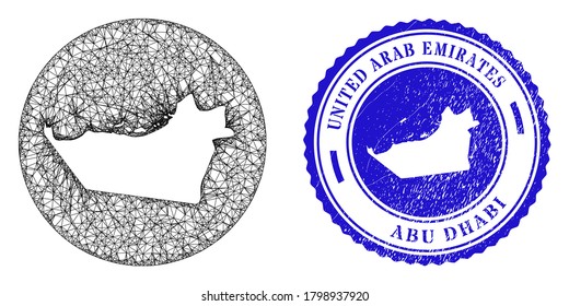 Mesh stencil round Abu Dhabi Emirate map and scratched seal. Abu Dhabi Emirate map is stencil in a circle stamp seal. Web mesh vector Abu Dhabi Emirate map in a circle. Blue round grunge stamp.