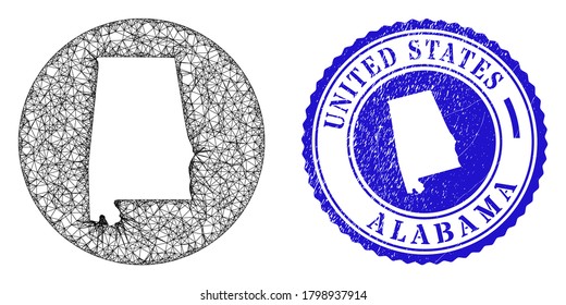 Mesh stencil round Alabama State map and grunge seal stamp. Alabama State map is stencil in a circle stamp seal. Web mesh vector Alabama State map in a circle. Blue rounded textured seal.