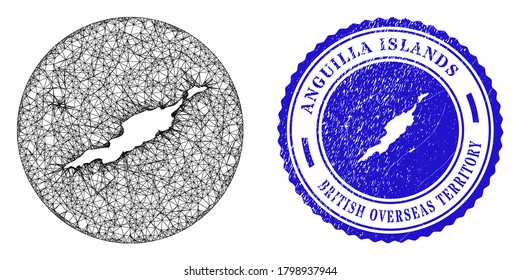 Mesh stencil round Anguilla Islands map and scratched seal. Anguilla Islands map is stencil in a circle stamp. Web net vector Anguilla Islands map in a circle. Blue round textured seal stamp.