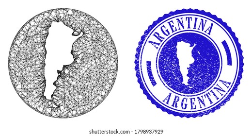 Mesh stencil round Argentina map and grunge seal stamp. Argentina map is stencil in a circle stamp seal. Web mesh vector Argentina map in a circle. Blue rounded grunge seal.