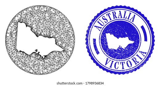 Mesh stencil round Australian Victoria map and grunge seal stamp. Australian Victoria map is carved in a round stamp seal. Web net vector Australian Victoria map in a circle.