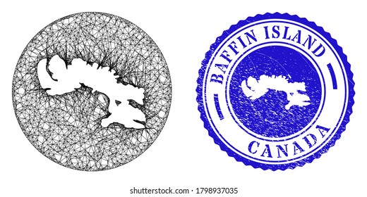 Mesh stencil round Baffin Island map and scratched seal stamp. Baffin Island map is stencil in a circle stamp seal. Web network vector Baffin Island map in a circle. Blue rounded scratched stamp.