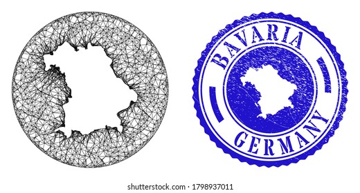 Mesh stencil round Bavaria Land map and grunge seal stamp. Bavaria Land map is a hole in a circle stamp seal. Web carcass vector Bavaria Land map in a circle. Blue rounded grunge seal stamp.