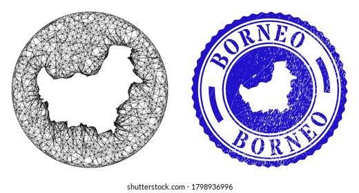 Mesh stencil round Borneo map and scratched stamp. Borneo map is stencil in a round stamp. Web mesh vector Borneo map in a circle. Blue round distress seal stamp.