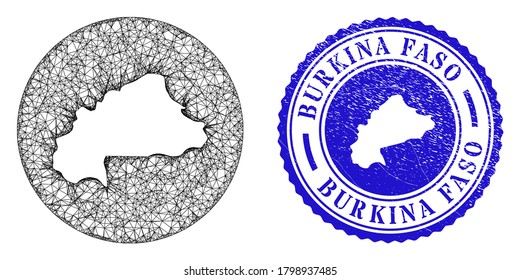 Mesh stencil round Burkina Faso map and grunge seal stamp. Burkina Faso map is a hole in a circle stamp seal. Web network vector Burkina Faso map in a circle. Blue rounded grunge seal stamp.