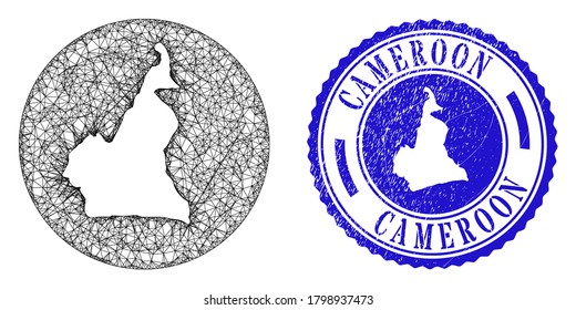 Mesh stencil round Cameroon map and scratched seal stamp. Cameroon map is carved in a round stamp. Web mesh vector Cameroon map in a circle. Blue round grunge seal.