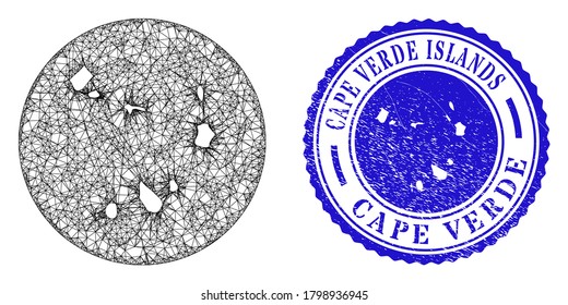 Mesh stencil round Cape Verde Islands map and grunge seal stamp. Cape Verde Islands map is stencil in a round stamp. Web net vector Cape Verde Islands map in a circle. Blue round grunge seal.