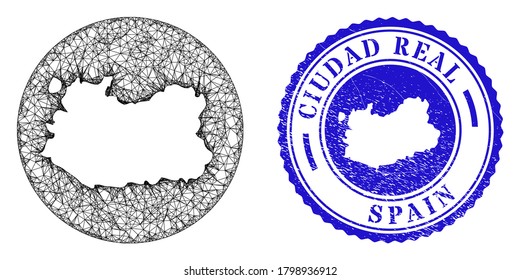 Mesh stencil round Ciudad Real Province map and grunge stamp. Ciudad Real Province map is a hole in a round stamp. Web net vector Ciudad Real Province map in a circle. Blue round grunge seal stamp.