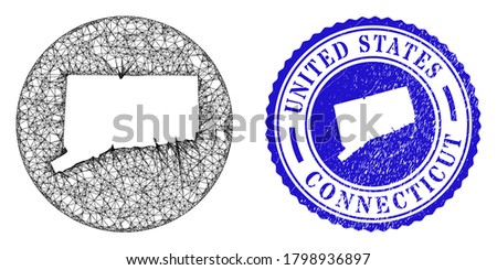 Mesh stencil round Connecticut State map and grunge seal stamp. Connecticut State map is carved in a round stamp seal. Web mesh vector Connecticut State map in a circle.