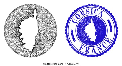 Mesh stencil round Corsica map and scratched stamp. Corsica map is stencil in a circle stamp seal. Web carcass vector Corsica map in a circle. Blue round scratched seal stamp.