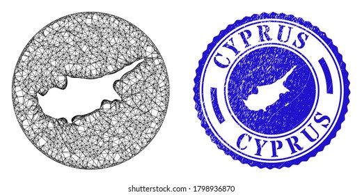 Mesh stencil round Cyprus map and scratched stamp. Cyprus map is carved in a circle stamp seal. Web net vector Cyprus map in a circle. Blue round scratched seal.