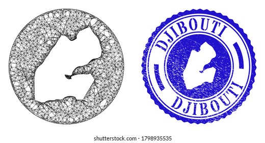 Mesh stencil round Djibouti map and grunge seal stamp. Djibouti map is stencil in a circle seal. Web carcass vector Djibouti map in a circle. Blue round scratched seal stamp.
