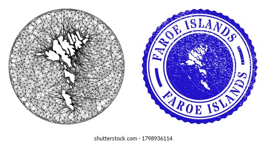 Esténcil de malla alrededor del mapa de las Islas Feroe y el sello de grunge. El mapa de las Islas Feroe es un agujero en un sello redondo. Mapa de Islas Feroe vector de red web en círculo. Sello de grano redondo azul.