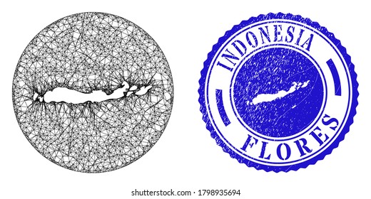 Mesh stencil round Flores Islands of Indonesia map and grunge seal. Flores Islands of Indonesia map is stencil in a round stamp seal. Web mesh vector Flores Islands of Indonesia map in a circle.