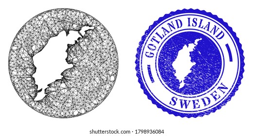 Mesh stencil round Gotland Island map and grunge seal stamp. Gotland Island map is carved in a round seal. Web mesh vector Gotland Island map in a circle. Blue round grunge seal.