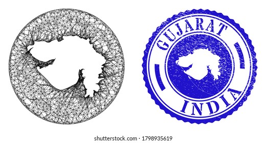 Mesh stencil round Gujarat State map and scratched seal stamp. Gujarat State map is stencil in a round stamp seal. Web mesh vector Gujarat State map in a circle. Blue round distress seal stamp.