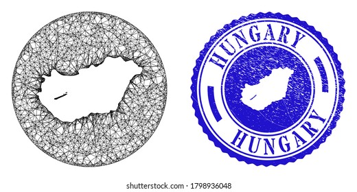 Mesh-Schablone um Ungarn Karte und Grunge-Siegel Stempel. Ungarische Karte ist in einem Kreisstempel. Web-Karkasse Vektor Ungarn Karte in einem Kreis. Blauer Rundstrich Siegel.