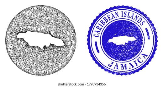 Esténcil de malla alrededor del mapa de Jamaica y sello de foca rayado. El mapa de Jamaica está estampado en un sello redondo. Mapa de Jamaica vector de malla web en círculo. Sello de socorro azul redondo.