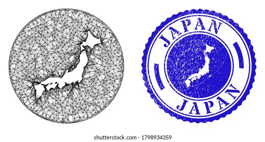Mesh stencil round Japan map and scratched seal. Japan map is a hole in a circle seal. Web mesh vector Japan map in a circle. Blue round distress seal.