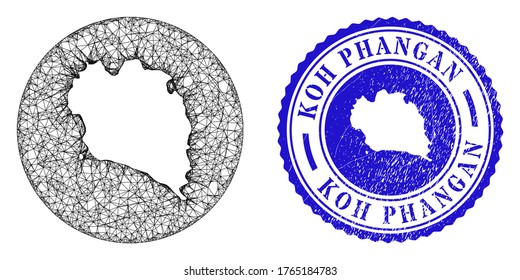 Mesh-Schablone rund um Koh Phangan-Karte und kratzte Robbenstempel. Koh Phangan-Karte ist ein Loch in einer Kreisstempel. Web-Mesh Vektor Koh Phangan Karte in einem Kreis. Blaues, abgerundetes Siegel.