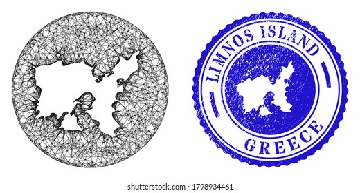 Esténcil de malla alrededor del mapa de la isla de Limnos y sello de grunge. El mapa de la isla de Limnos es un esténcil en un sello de círculo. Mapa de la isla de Limnos, vector de canal web, en círculo. Sello azul redondo de sellado de socorro.