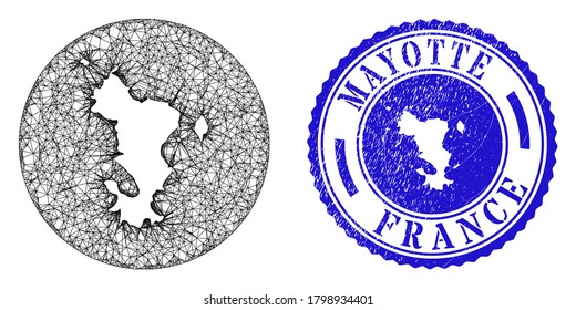Esténcil de malla alrededor del mapa de las islas Mayotte y sello de sellado de grunge. El mapa de las islas Mayotte es un esténcil con un sello redondo. Mapa de las islas Mayotte, vector de malla web, en círculo. Sello de grano redondo azul.