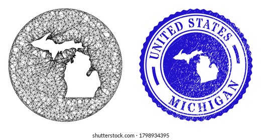 Mesh stencil round Michigan State map and grunge seal stamp. Michigan State map is carved in a circle stamp seal. Web mesh vector Michigan State map in a circle. Blue round distress seal stamp.