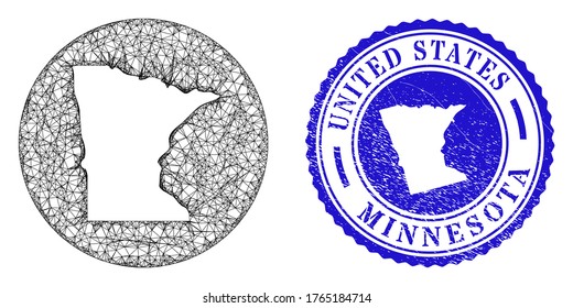Mesh stencil round Minnesota State map and grunge seal. Minnesota State map is a hole in a circle stamp seal. Web net vector Minnesota State map in a circle. Blue round grunge seal.