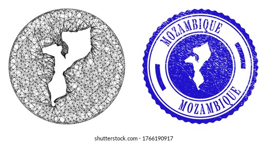 Mesh stencil round Mozambique map and grunge seal stamp. Mozambique map is stencil in a circle stamp seal. Web net vector Mozambique map in a circle. Blue round textured stamp.