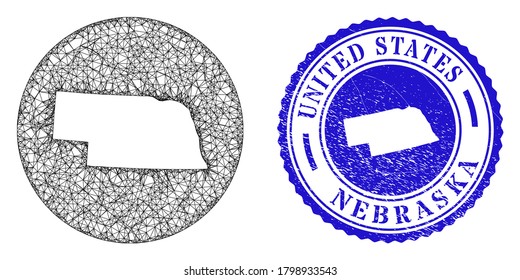 Mesh stencil round Nebraska State map and grunge seal stamp. Nebraska State map is inverted in a round seal. Web mesh vector Nebraska State map in a circle. Blue round textured stamp.